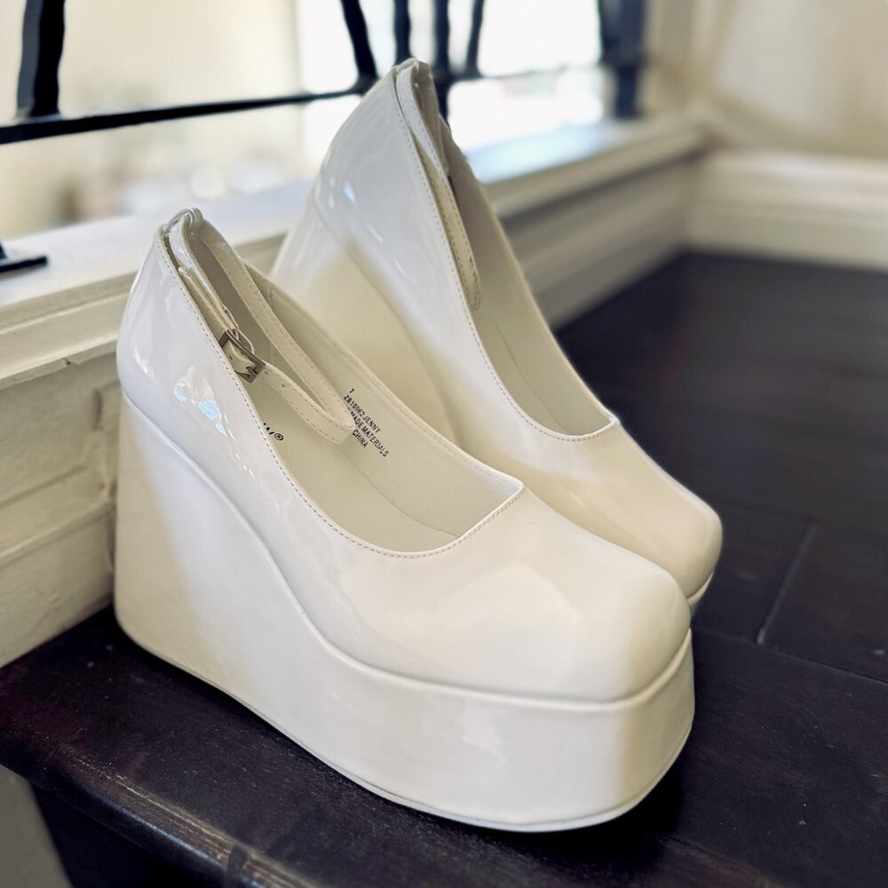 NEW🔥 Ivory Chunky Platform Wedge High Heel Shoes Buckle Ankle Strap Closed Toe - Picture 3 of 6
